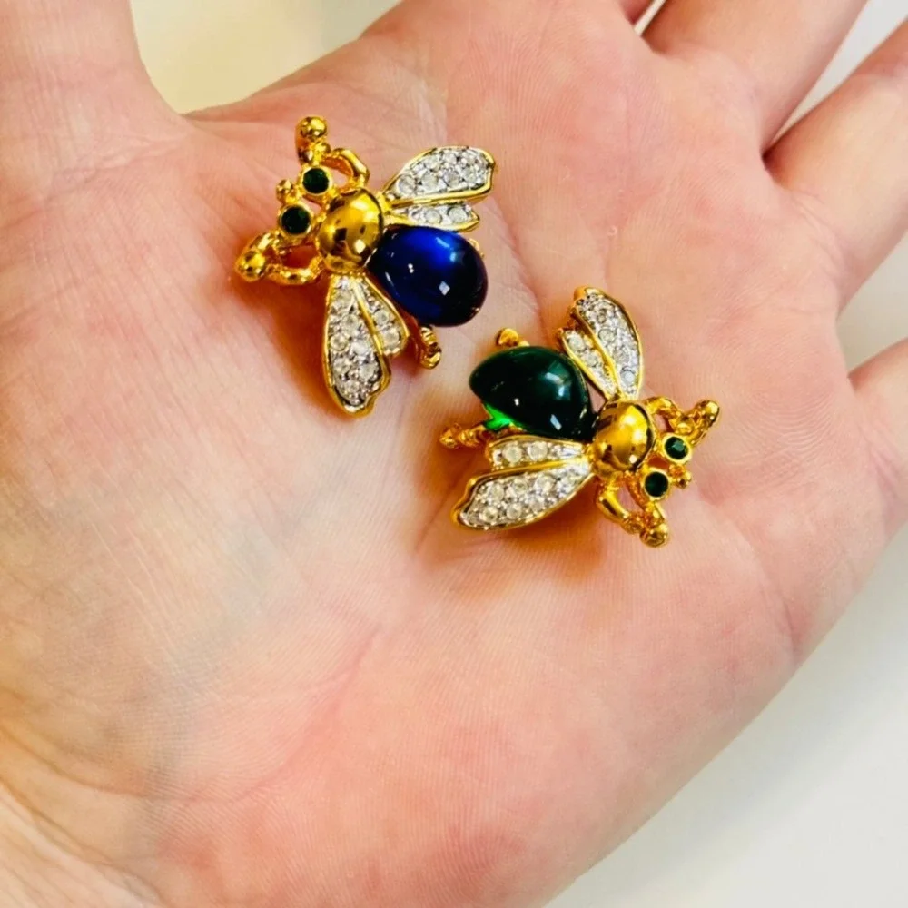 VTG Bumble Bee Jelly Belly Pin Brooch Set Lot of 2 Critters Crystal Rhinestone